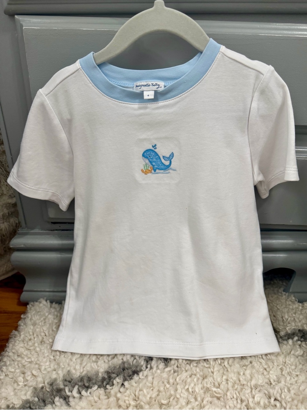 White Tee with Light Blue Trim & Whale Embroidery